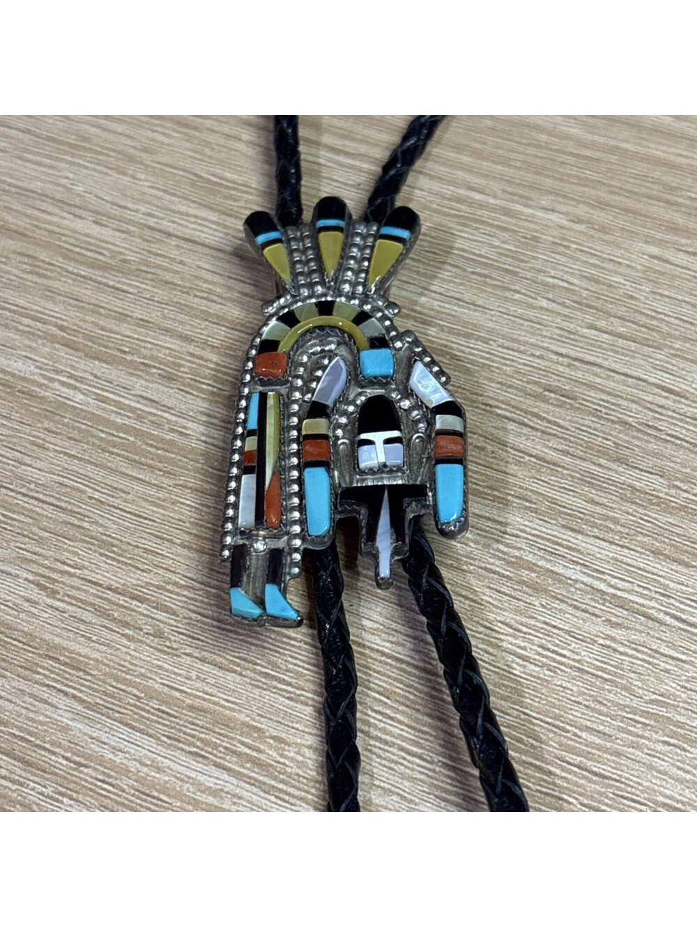 Zuni Sterling Silver Rainbow Man Bolo Tie Inlaid Turquoise Onyx Signed OC 3"